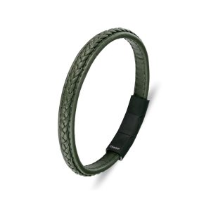 stainless steel men’s leather bangle- green
